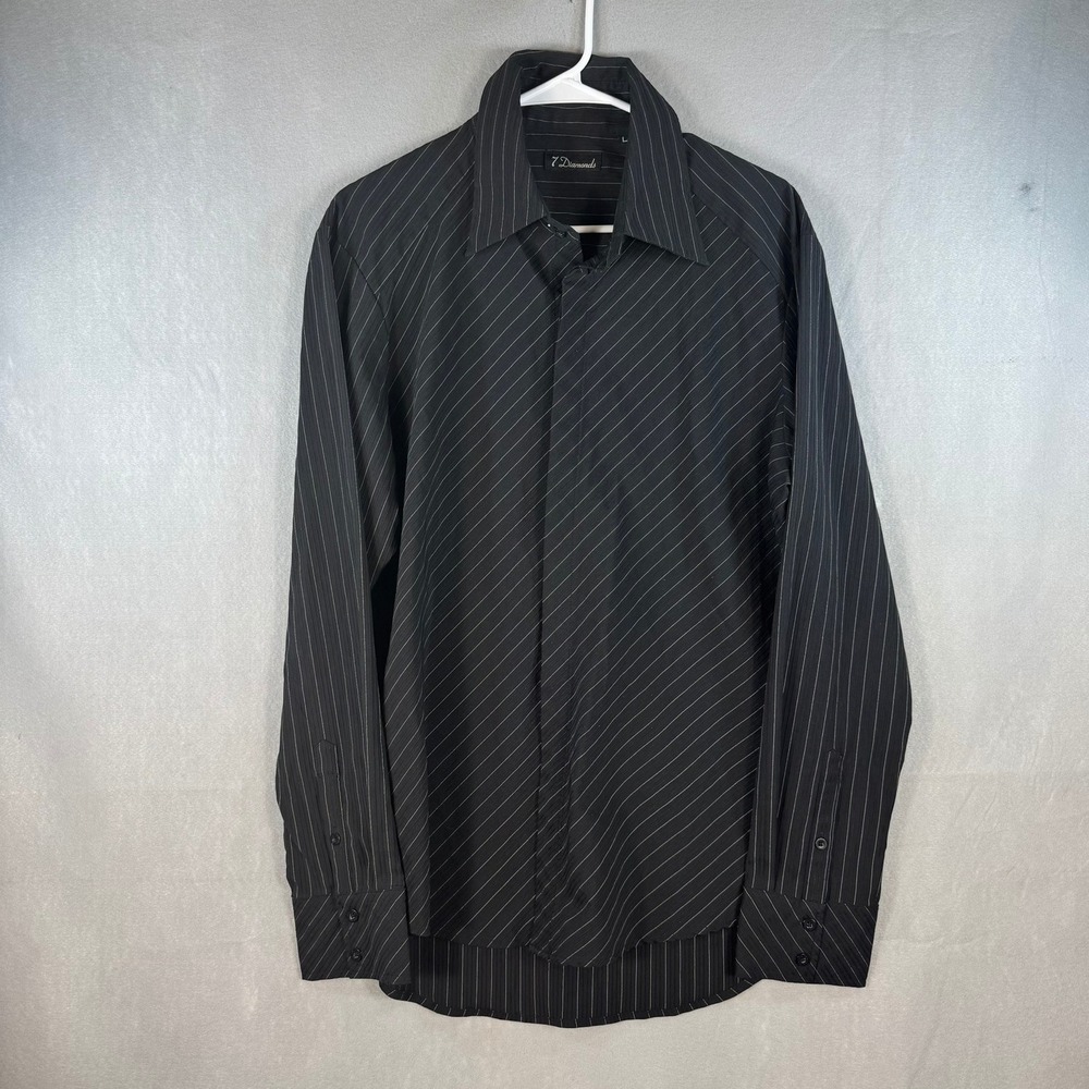 7 Diamonds Mens Large Black Pinstripe Long Sleeve Hidden Button Down Shirt